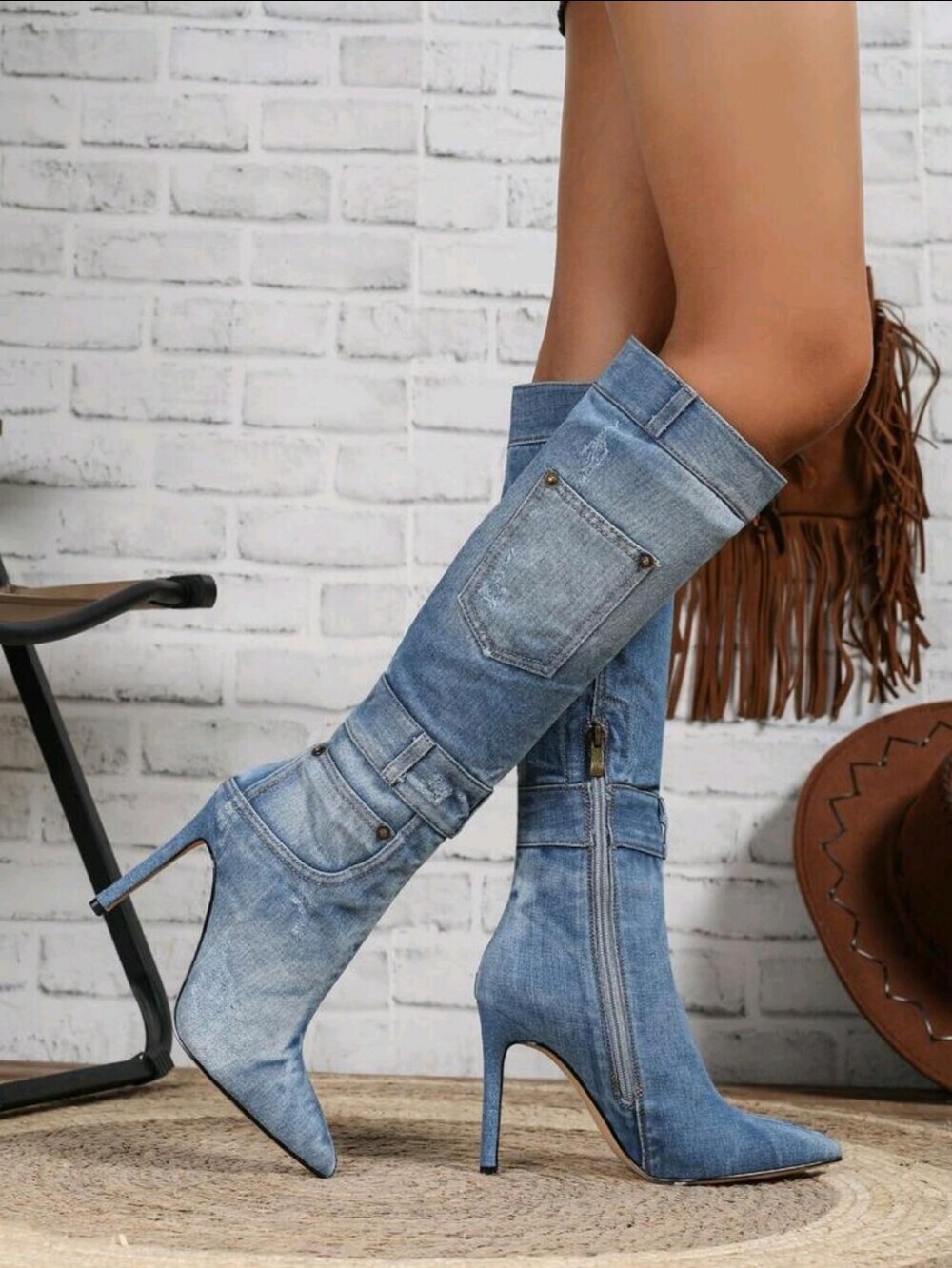 Denim Blue Pointed-Toe Stiletto Knee-High Boots